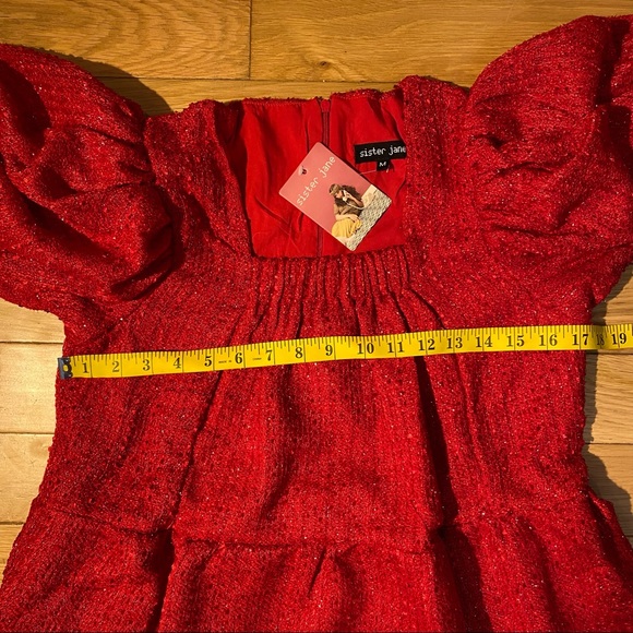 Sister Jane Carina Tweed Puff Sleeve Babydoll Mini Dress in Red size M NWT - Picture 12 of 16